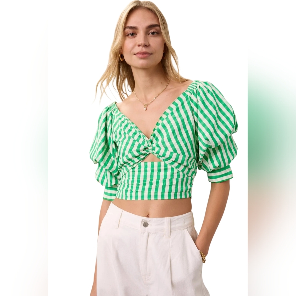 Green Striped Puff-Sleeve Twist Front Crop Top